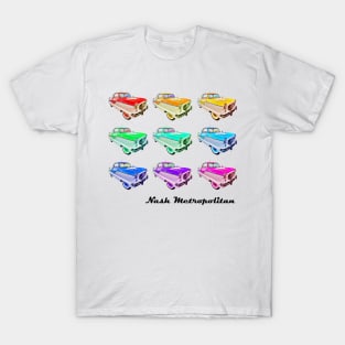 Nash Metropolitan (rainbow colors in a grid + name in black) - classic vintage cars reimagined T-Shirt